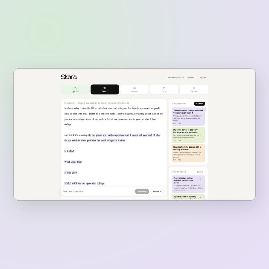 Skara transcript with AI clip suggestions
